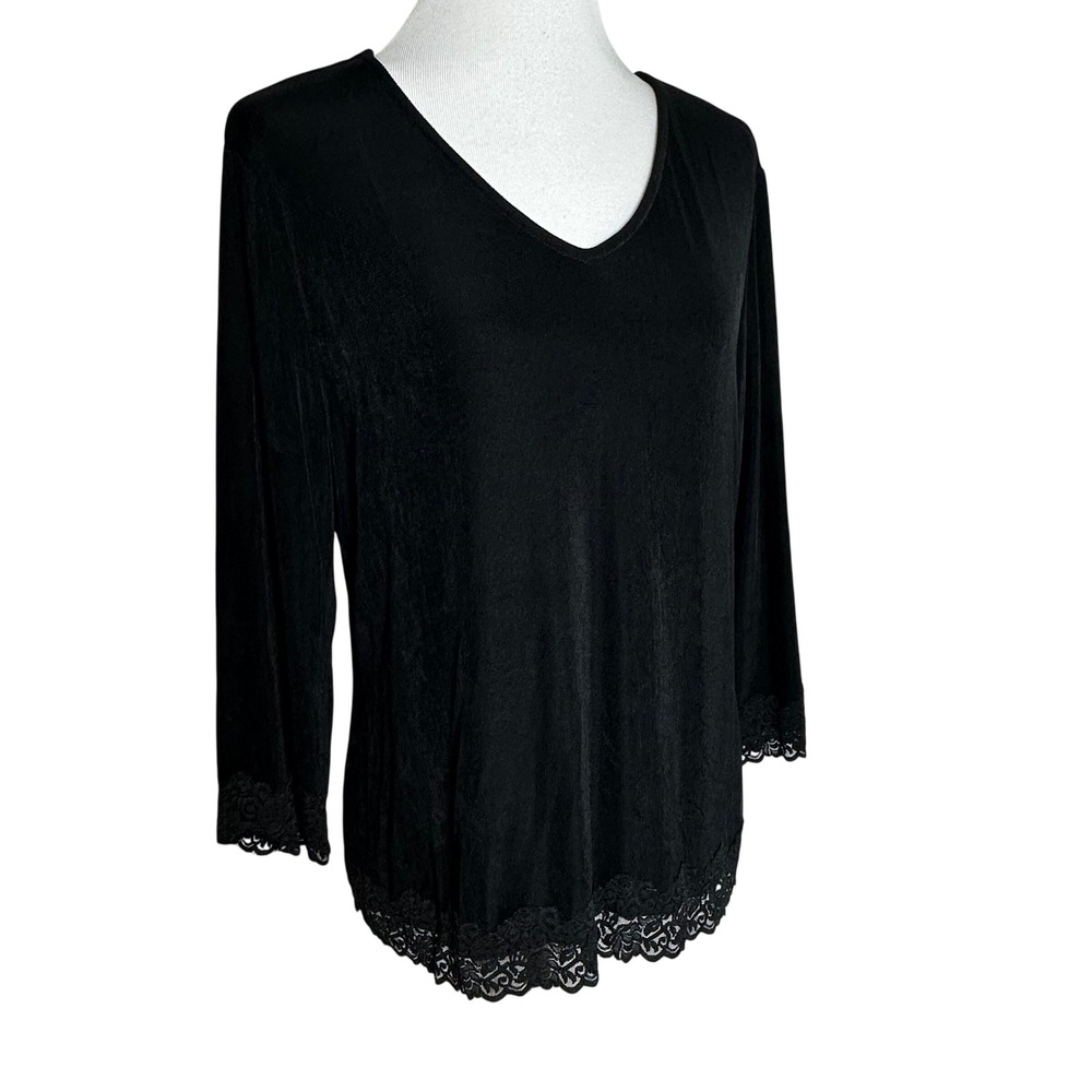 Coldwater Creek Black Lace Trim V-Neck Top Slinky Knit 3/4 Sleeve Womens L 14-16